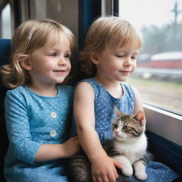 A heart-warming image of a four-year-old girl and a two-year-old boy sitting inside a train, gazing out of the window, and lovingly stroking a tiny cat nestled between them.