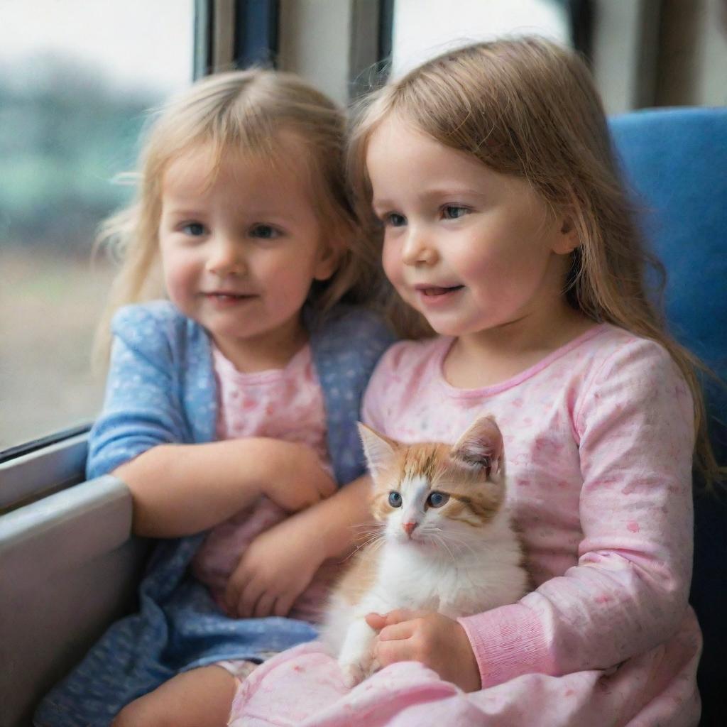 A heart-warming image of a four-year-old girl and a two-year-old boy sitting inside a train, gazing out of the window, and lovingly stroking a tiny cat nestled between them.