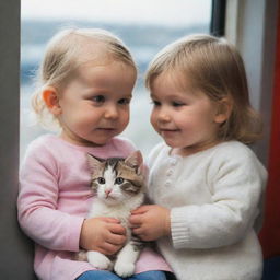 A heart-warming image of a four-year-old girl and a two-year-old boy sitting inside a train, gazing out of the window, and lovingly stroking a tiny cat nestled between them.