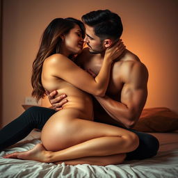 An intimate and passionate scene featuring a confident man and a beautiful woman engaged in a moment of closeness
