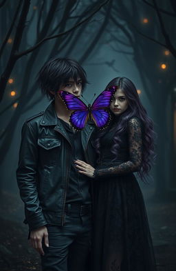 A mysterious and enchanting scene featuring a dark purple butterfly hovering gracefully between a boy and a girl