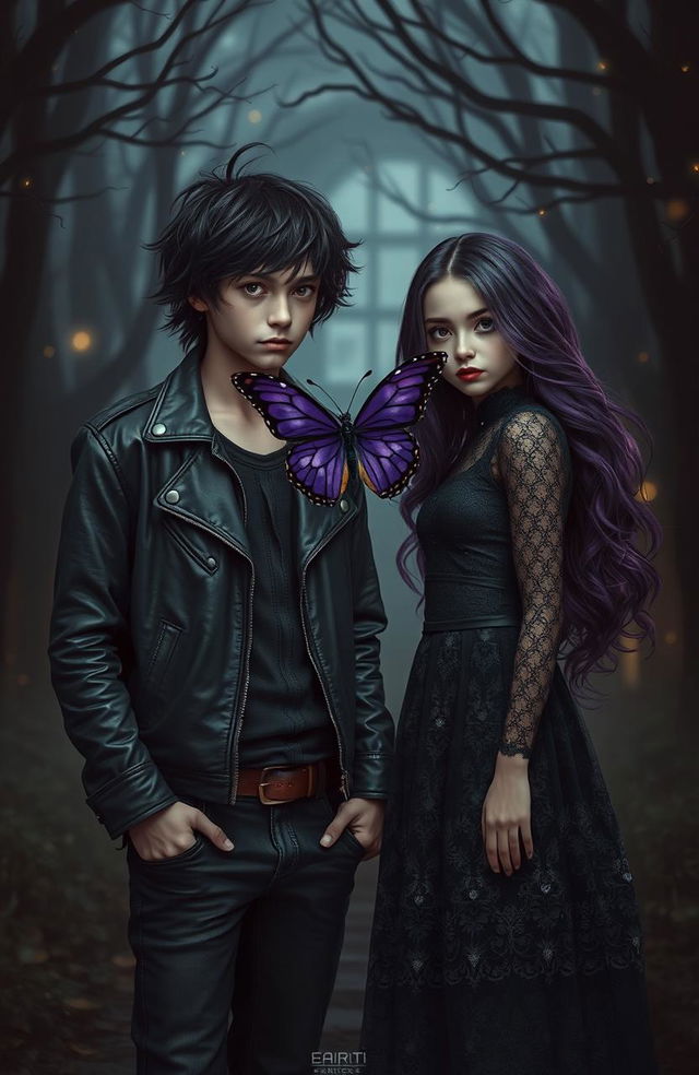 A mysterious and enchanting scene featuring a dark purple butterfly hovering gracefully between a boy and a girl