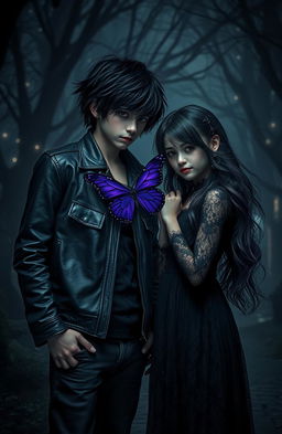 A mysterious and enchanting scene featuring a dark purple butterfly hovering gracefully between a boy and a girl