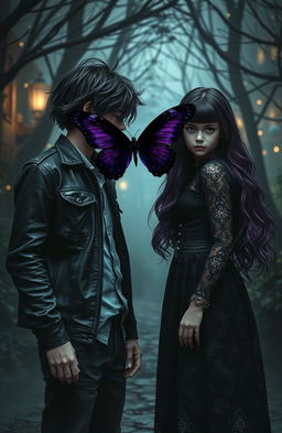 A mysterious and enchanting scene featuring a dark purple butterfly hovering gracefully between a boy and a girl