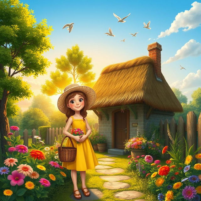 A serene village scene featuring a cozy cottage with a thatched roof surrounded by lush green trees and colorful flowers