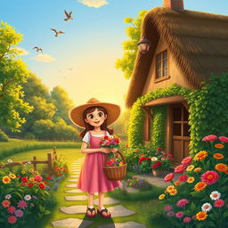 A serene village scene featuring a cozy cottage with a thatched roof surrounded by lush green trees and colorful flowers