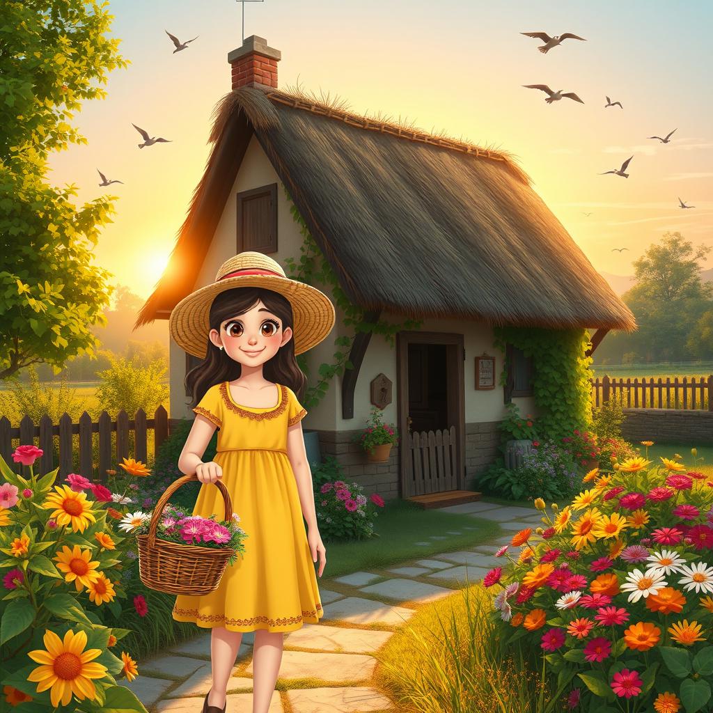 A serene village scene featuring a cozy cottage with a thatched roof surrounded by lush green trees and colorful flowers