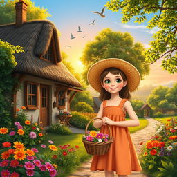 A serene village scene featuring a cozy cottage with a thatched roof surrounded by lush green trees and colorful flowers