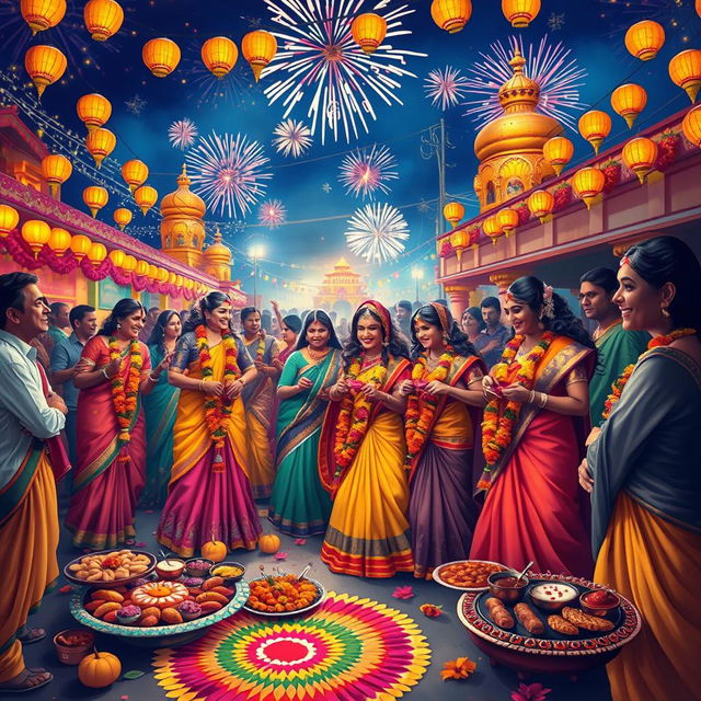 A vibrant and colorful depiction of a traditional Indian festival, showcasing beautifully dressed people in elaborate clothing, adorned with floral garlands and jewelry