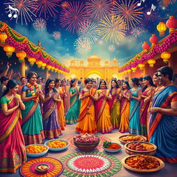 A vibrant and colorful depiction of a traditional Indian festival, showcasing beautifully dressed people in elaborate clothing, adorned with floral garlands and jewelry