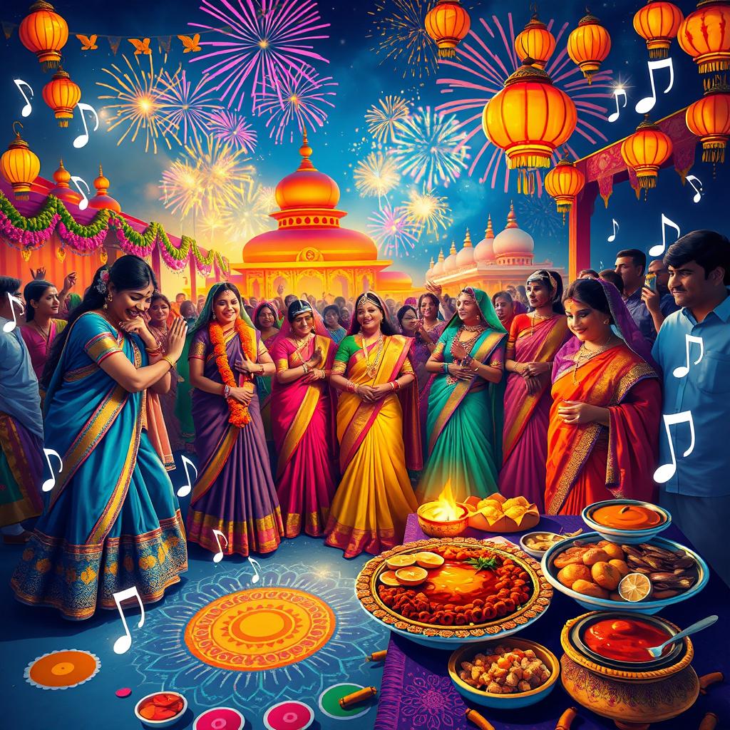 A vibrant and colorful depiction of a traditional Indian festival, showcasing beautifully dressed people in elaborate clothing, adorned with floral garlands and jewelry