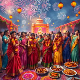 A vibrant and colorful depiction of a traditional Indian festival, showcasing beautifully dressed people in elaborate clothing, adorned with floral garlands and jewelry
