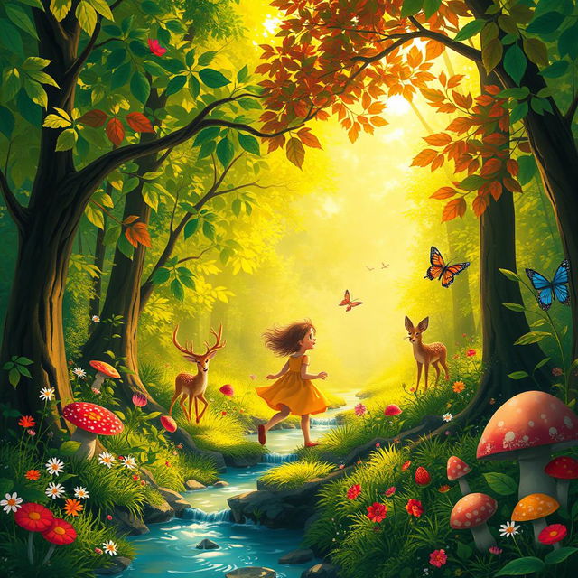 A vibrant forest scene depicting a lush and magical environment teeming with color