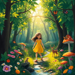 A vibrant forest scene depicting a lush and magical environment teeming with color