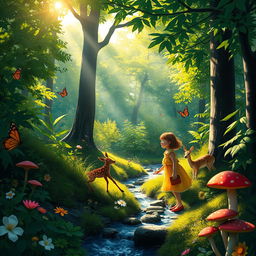 A vibrant forest scene depicting a lush and magical environment teeming with color
