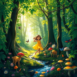 A vibrant forest scene depicting a lush and magical environment teeming with color