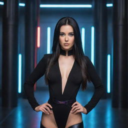 A woman with long, black hair that transitions into multiple colors, brown eyes, wearing a black bodysuit with a center opening and a cleavage cutout. She's standing indoors, holding a lightsaber, surrounded by science fiction environment and pillars.