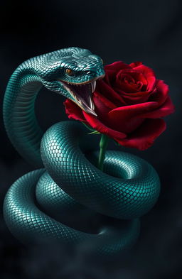 A dramatic depiction of betrayal, featuring a large, menacing snake winding its body around a beautifully blooming red rose, with sharp fangs bared, symbolizing both danger and beauty