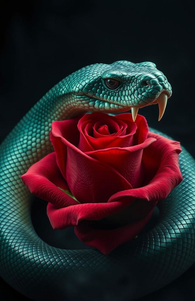 A dramatic depiction of betrayal, featuring a large, menacing snake winding its body around a beautifully blooming red rose, with sharp fangs bared, symbolizing both danger and beauty