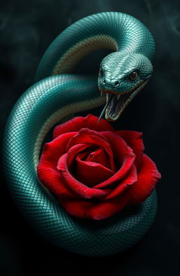 A dramatic depiction of betrayal, featuring a large, menacing snake winding its body around a beautifully blooming red rose, with sharp fangs bared, symbolizing both danger and beauty