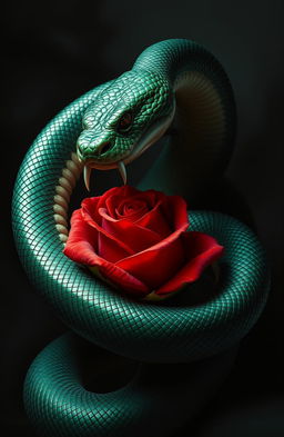 A dramatic depiction of betrayal, featuring a large, menacing snake winding its body around a beautifully blooming red rose, with sharp fangs bared, symbolizing both danger and beauty
