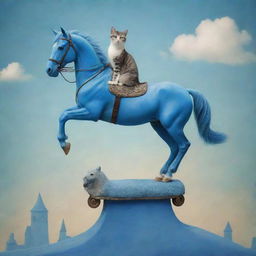 Cute and whimsical image of a cat riding on top of a blue horse, achieving a harmonious balance of surreal fantasy and adorable reality.