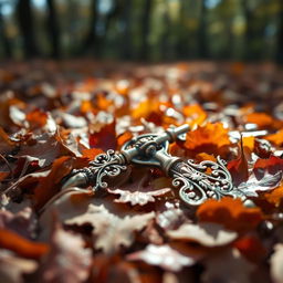 A captivating close-up of an ancient, shimmering key resting among a bed of fallen leaves in a forest