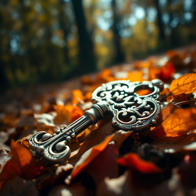 A captivating close-up of an ancient, shimmering key resting among a bed of fallen leaves in a forest