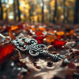 A captivating close-up of an ancient, shimmering key resting among a bed of fallen leaves in a forest