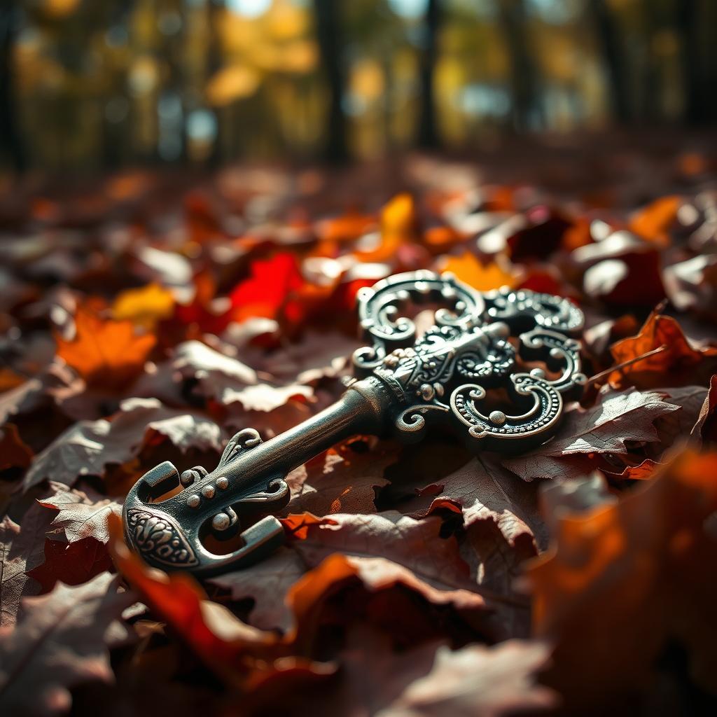 A captivating close-up of an ancient, shimmering key resting among a bed of fallen leaves in a forest