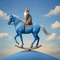 Cute and whimsical image of a cat riding on top of a blue horse, achieving a harmonious balance of surreal fantasy and adorable reality.