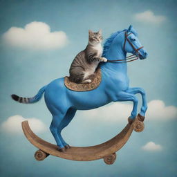 Cute and whimsical image of a cat riding on top of a blue horse, achieving a harmonious balance of surreal fantasy and adorable reality.