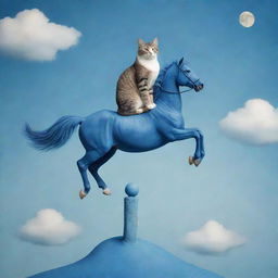 Cute and whimsical image of a cat riding on top of a blue horse, achieving a harmonious balance of surreal fantasy and adorable reality.