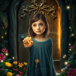 A captivating scene of Lily, a 12-year-old girl, with a look of wonder on her face as she stands before an ornate door in a mystical forest
