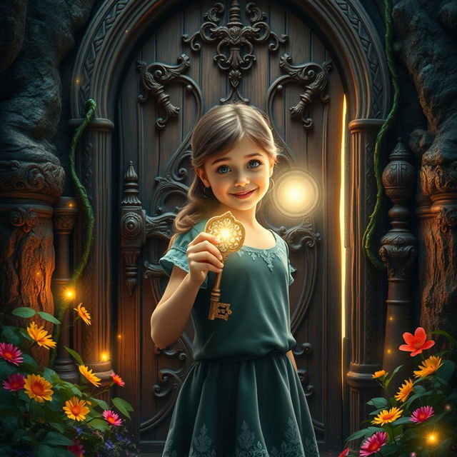 A captivating scene of Lily, a 12-year-old girl, with a look of wonder on her face as she stands before an ornate door in a mystical forest