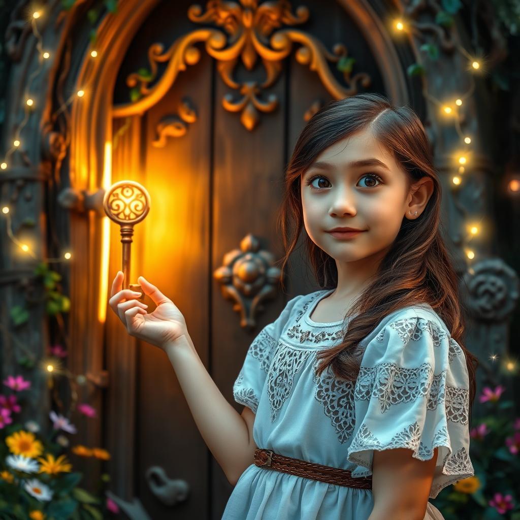 A captivating scene of Lily, a 12-year-old girl, with a look of wonder on her face as she stands before an ornate door in a mystical forest