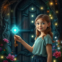 A captivating scene of Lily, a 12-year-old girl, with a look of wonder on her face as she stands before an ornate door in a mystical forest