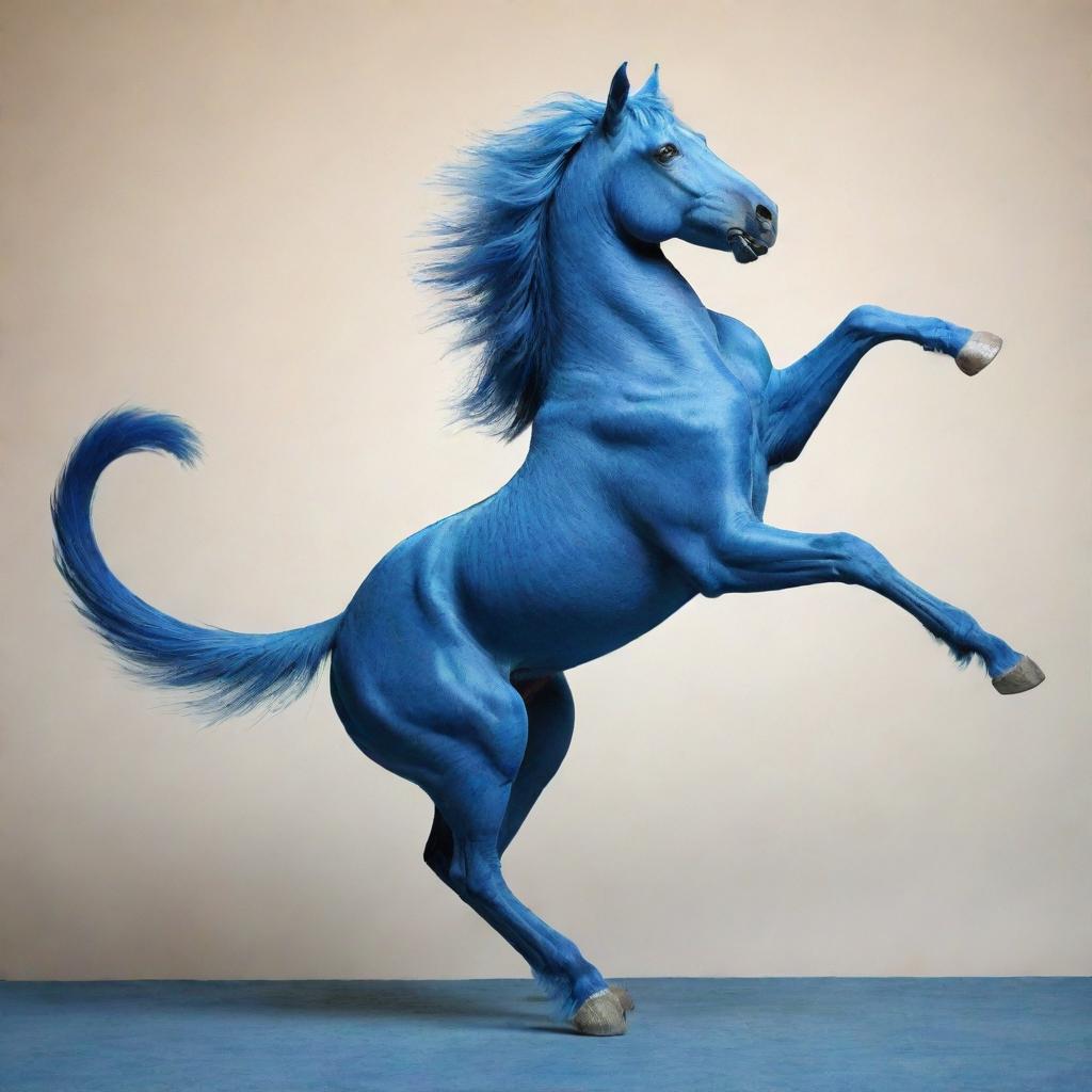 A fantastical and playful image of a cat, determinedly holding on as it rides a vibrant blue horse in full stride.