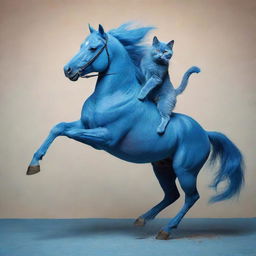 A fantastical and playful image of a cat, determinedly holding on as it rides a vibrant blue horse in full stride.