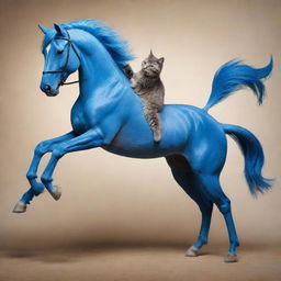 A fantastical and playful image of a cat, determinedly holding on as it rides a vibrant blue horse in full stride.