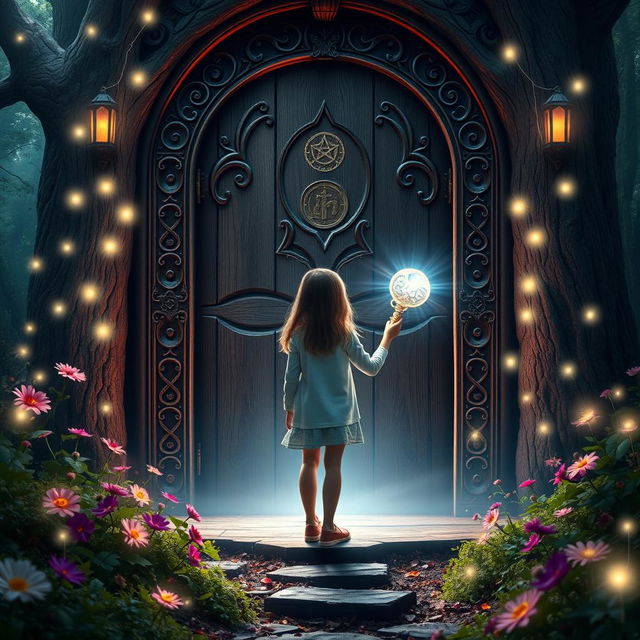 A stunning scene of Lily, a 12-year-old girl, standing in front of an ornate wooden door in a mystical woodland