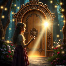 A stunning scene of Lily, a 12-year-old girl, standing in front of an ornate wooden door in a mystical woodland