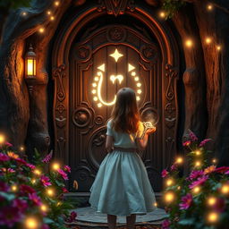 A stunning scene of Lily, a 12-year-old girl, standing in front of an ornate wooden door in a mystical woodland