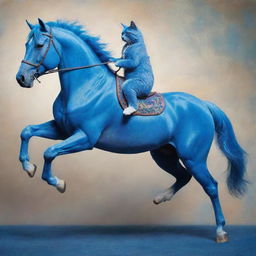 A fantastical and playful image of a cat, determinedly holding on as it rides a vibrant blue horse in full stride.