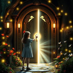 A stunning scene of Lily, a 12-year-old girl, standing in front of an ornate wooden door in a mystical woodland