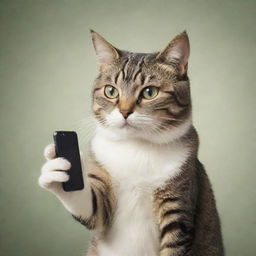 A whimsical image of a cat engaged in a pretend conversation on an iPhone, encapsulating a moment of humour and surreal charm.