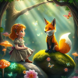 A enchanting scene depicting Lily, a young girl with an expression of awe, meeting a wise, talking fox in a vibrant magical realm