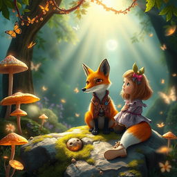 A enchanting scene depicting Lily, a young girl with an expression of awe, meeting a wise, talking fox in a vibrant magical realm