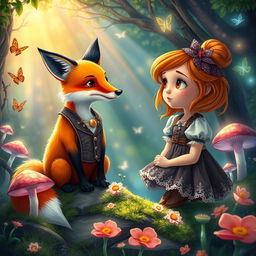 A enchanting scene depicting Lily, a young girl with an expression of awe, meeting a wise, talking fox in a vibrant magical realm