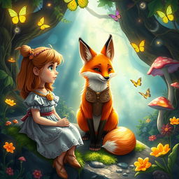 A enchanting scene depicting Lily, a young girl with an expression of awe, meeting a wise, talking fox in a vibrant magical realm